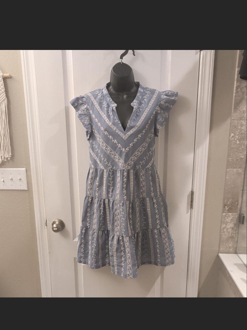VOY Blue Floral Embroidered Tiered V-Neck Women's Dress